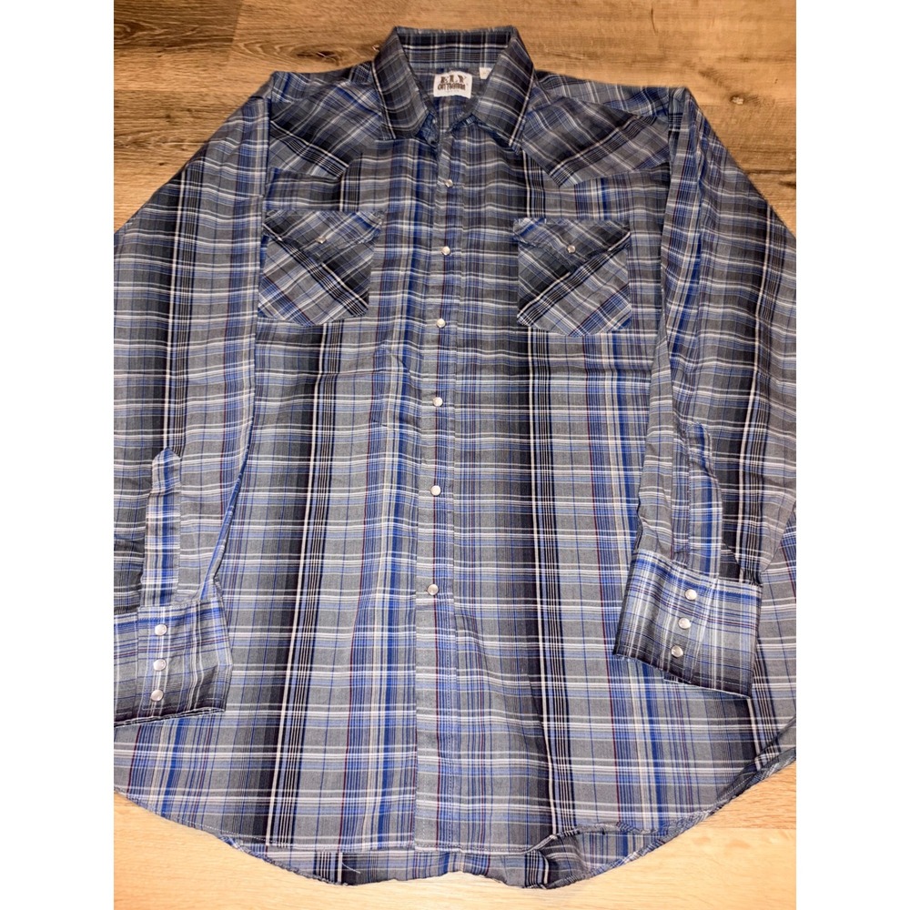 ELY CATTLEMAN Mens XL Plaid Long Sleeve Snap Front Western Shirt Blue Black Gray